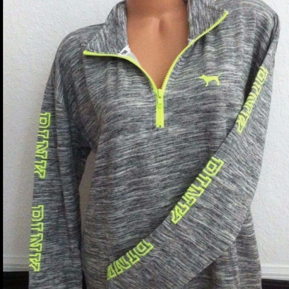 PINK Victoria's Secret Gray and Neon Yellow Quarter-Zip Hoodie